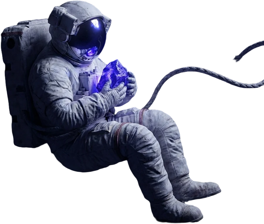 Astronaut floating in space holding a glowing crystal rock